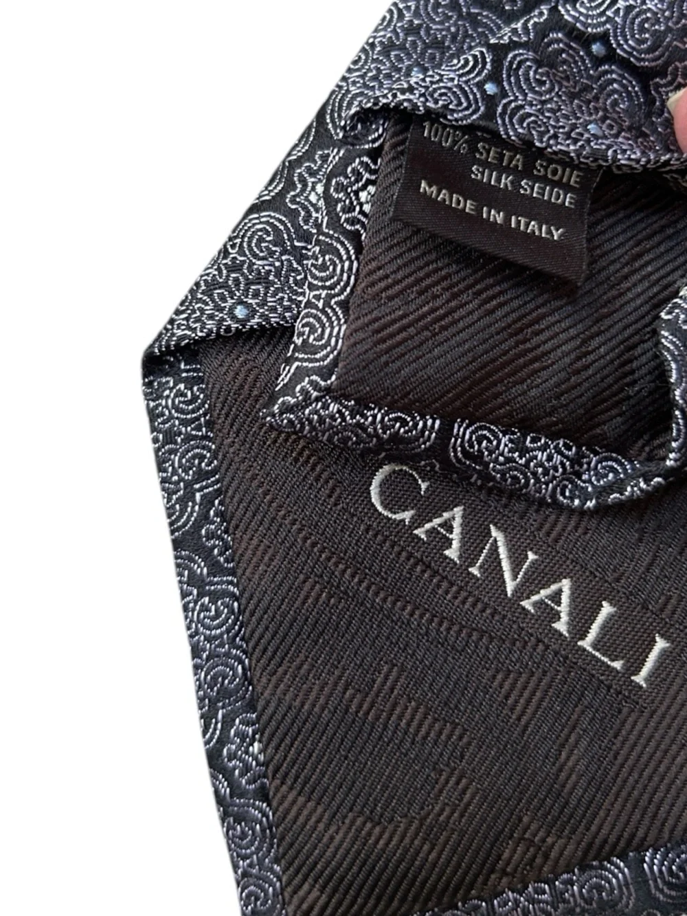Canali Silk Tie Black Gray Blue Medallion Geometric Pattern Luxury Italian Made